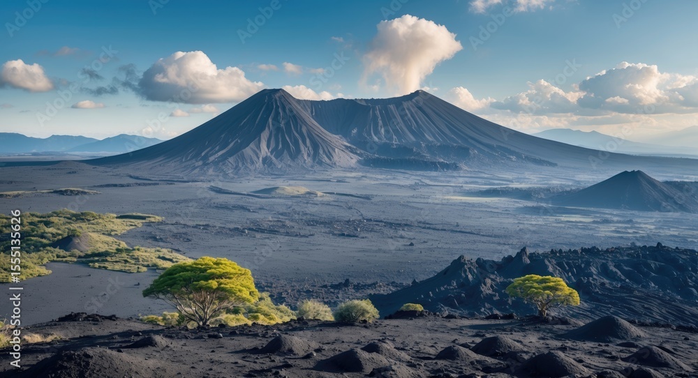 Fototapeta premium A volcanic landscape with two volcanoes, cloudy sky, and sparse greenery on a dark rocky terrain.