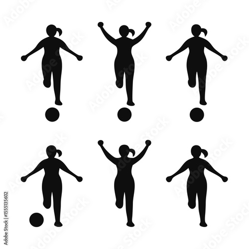 Silhouette of a Woman Playing Soccer in Different Poses Kicking the Ball and Celebrating Victory Isolated on a White Background Vector Illustration