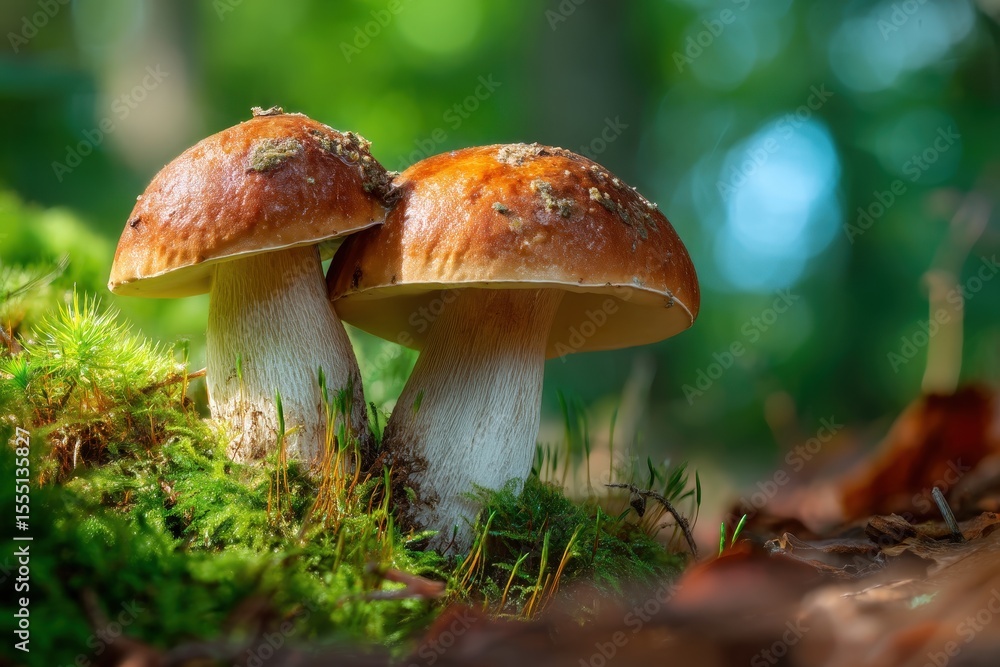 Wild mushrooms growing in a lush forest during a sunny afternoon in autumn Wild mushrooms growing in a lush forest during a sunny afternoon in autumn