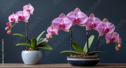 Wallpaper Mural Pink orchid flowers in pots with green leaves against a dark background. Torontodigital.ca