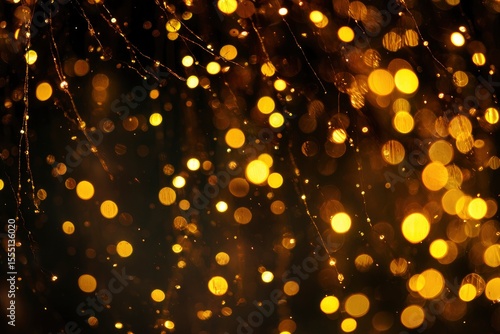 Many golden blurred circular lights and thin wirelike lines are seen against a dark background