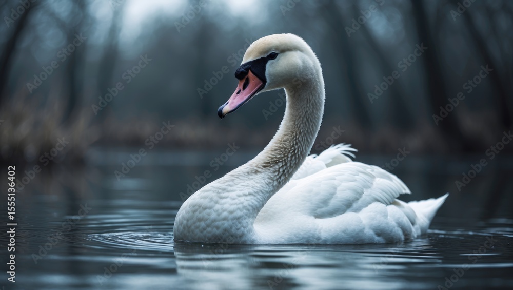 Fototapeta premium A swan on the water in a natural setting with trees in the background.