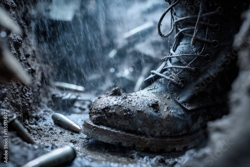 Military boot in a muddy trench during rain with fallen bullets scattered around