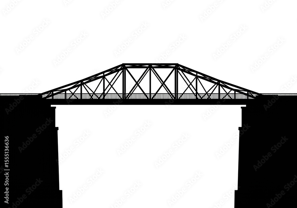 Fototapeta premium A black and white illustration of a bridge with a complex truss system over a deep ravine or gorge