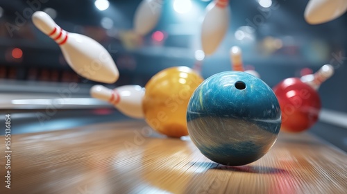 Bowling ball rolling towards pins in a lively bowling alley during evening hours