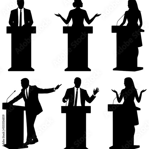 Silhouetted speakers at podiums giving talks