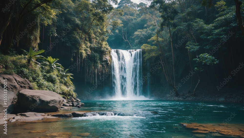 Naklejka premium A scenic view of a waterfall and river surrounded by lush forest and greenery. Nature and landscape photography. Water, forest, and natural scenery.
