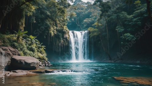 A scenic view of a waterfall and river surrounded by lush forest and greenery. Nature and landscape photography. Water, forest, and natural scenery.