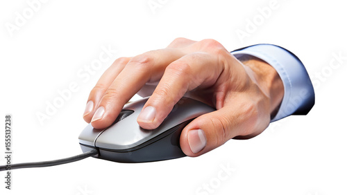 Close up of a hand using a computer mouse with a transparent background for design projects related to technology.