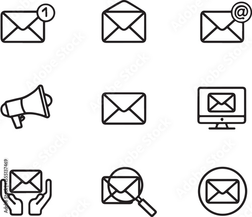 Versatile Email Communication Icons Emphasizing Digital Messaging Notification and Search Representing Modern Communication Strategies and Technologies for Business and Personal Use