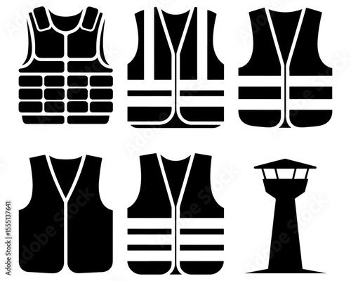 Assortment of vests and a guard tower icon