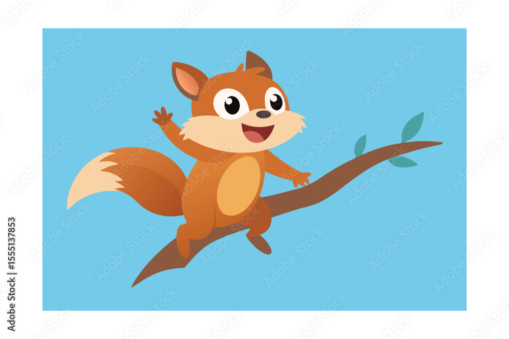 Fototapeta premium Animated Squirrel on Branch: A charming animated squirrel, with a cheerful expression, playfully waves from a branch. Delightful and cheerful, perfect for conveying joy and the wonders of nature.