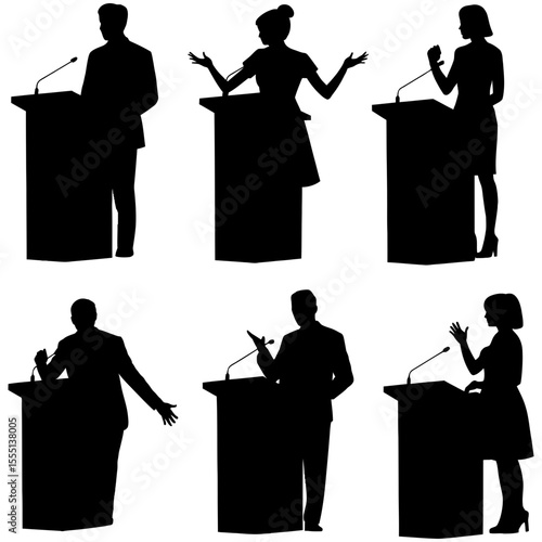 Silhouetted speakers at podiums giving talks