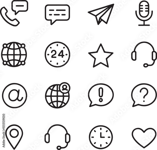 Assorted Communication and Information Icons Representing Contact, Networking, Support, and Global Reach in a Minimalist Style
