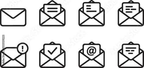 Email Message Icons Show Communication Methods and Notification Symbols, Representing Different States Like Unread, Read, and Important Communication