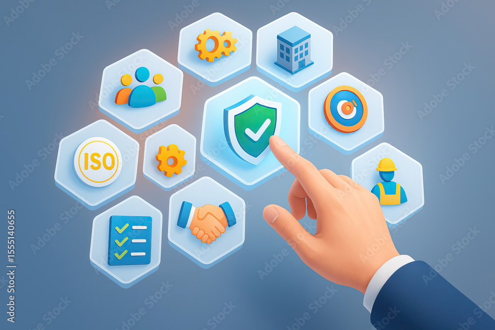 Quality assurance concept with hand pointing on shield icon, business, teamwork, checklist, and target symbols in hexagonal shapes on blue background Quality assurance concept with hand pointing on shield icon, business, teamwork, checklist, and target symbols in hexagonal shapes on blue background