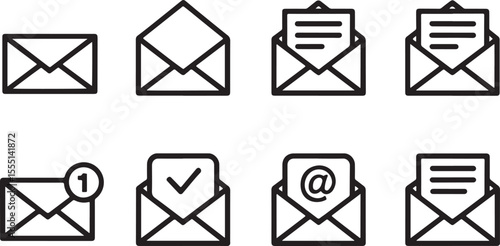 Collection of Email Icons Representing Inbox Status Open and Closed with Notifications and Confirmation Symbols in Black and White