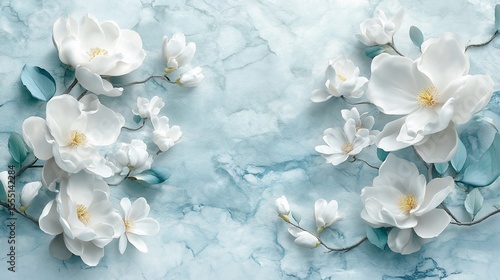 Delicate white flowers arranged on a light blue marble-like background. Soft, elegant floral design