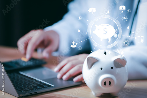 Doctors use a service fee calculator to save money on health insurance, drug cost concepts, Piggy bank money health check concept.