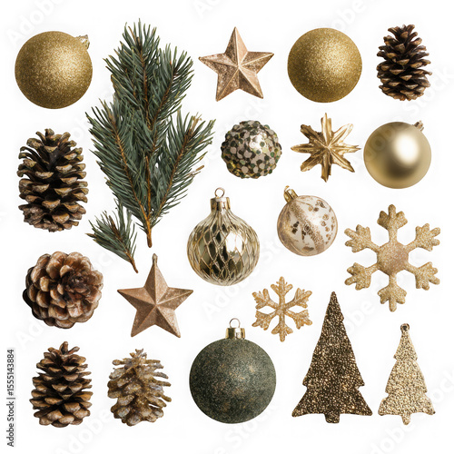 A delightful collection of gold and green christmas ornaments, pine cones, and festive shapes, isolated on transparent background