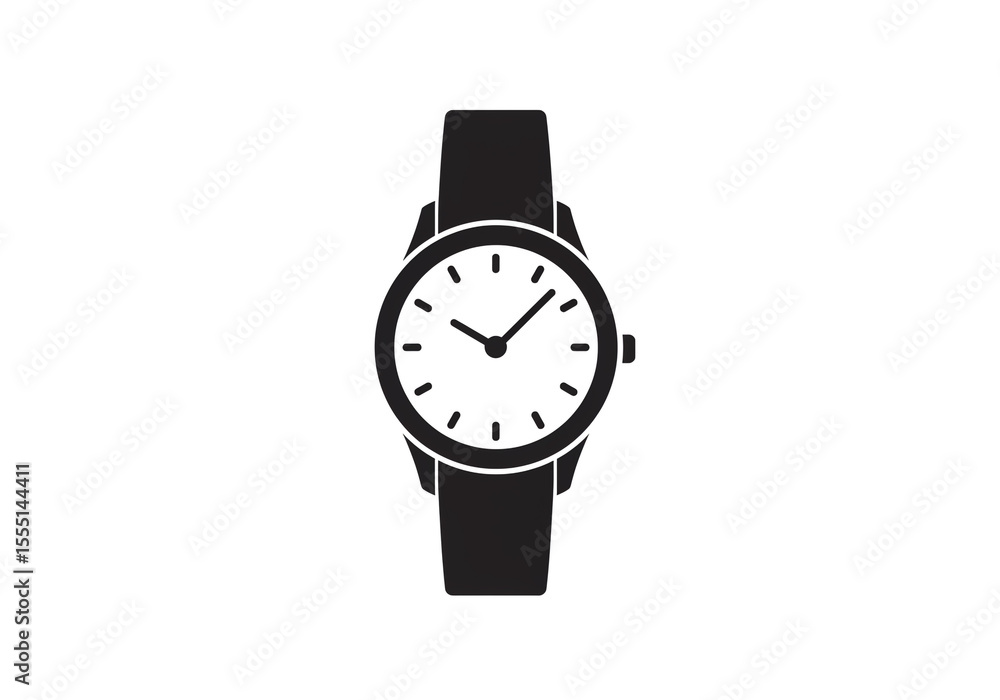 A minimalist black and white illustration of a wristwatch with a leather strap on a white background A minimalist black and white illustration of a wristwatch with a leather strap on a white background