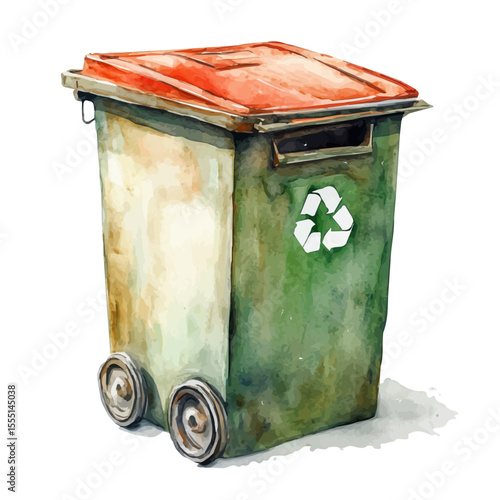 Trash Bin, watercolor clipart vector, isolated on a white background.