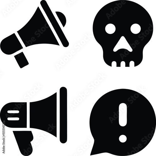 Black silhouette icons of megaphone skull and exclamation mark Free Download Black silhouette icons of megaphone skull and exclamation mark - GFXLoad