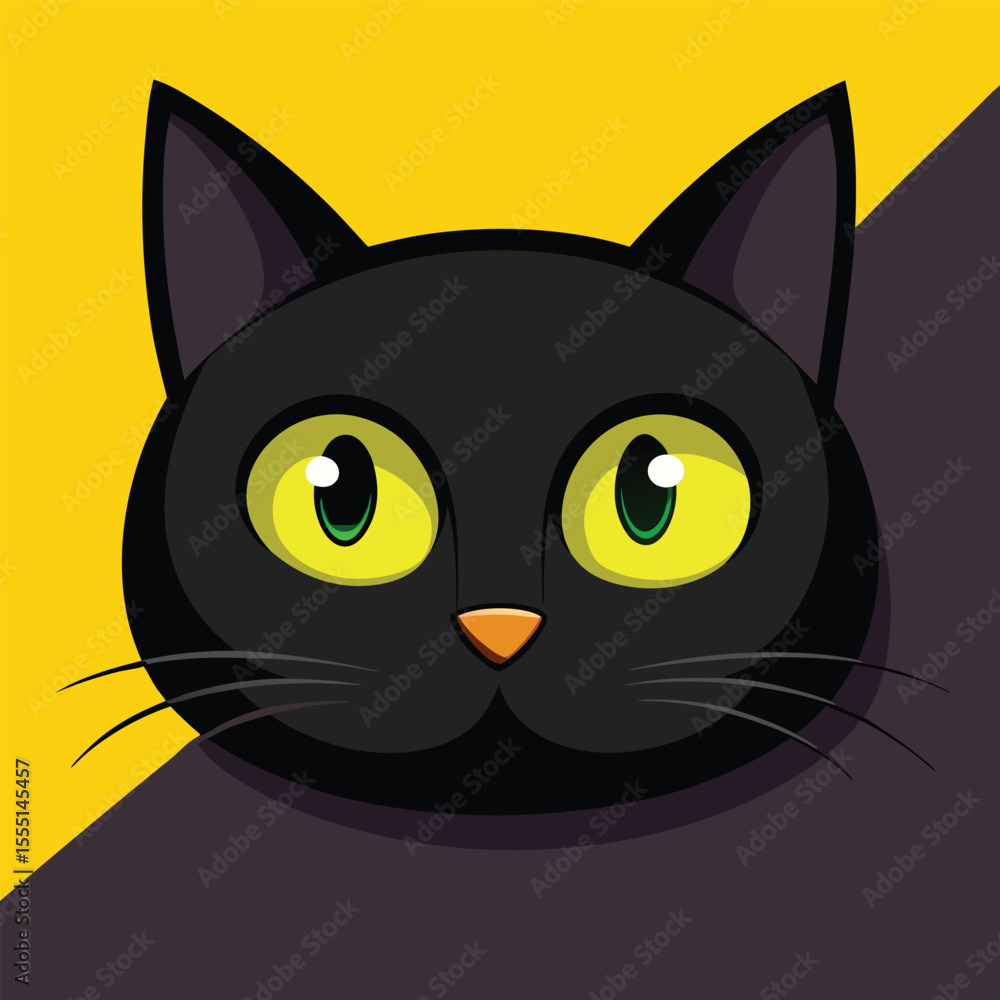 A cute cartoon black cat with big yellow eyes is illustrated against a yellow and gray background A cute cartoon black cat with big yellow eyes is illustrated against a yellow and gray background