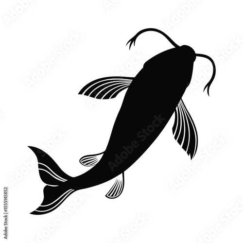 Black silhouette of a koi fish with white background