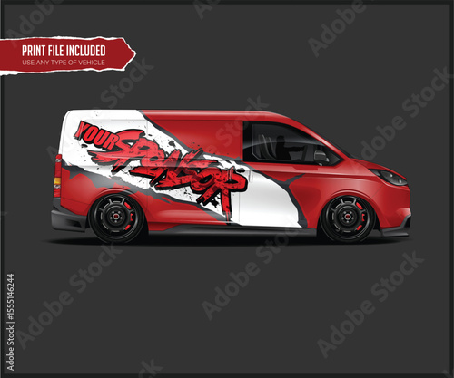 Red and White Van with Graphic Design Side