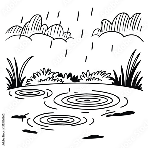 Gentle line sketch of a pond with circular ripples from raindrops. Peaceful and natural.