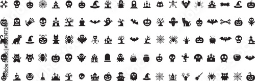 Halloween icons spooky creatures haunted houses black