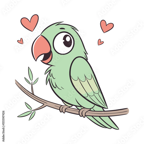 Cute green parrot with pink hearts on branch bird lovebird