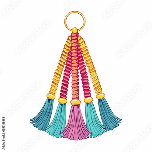 suspended tassel with stacked beads and cords gracefully untwisting in elegant emblem