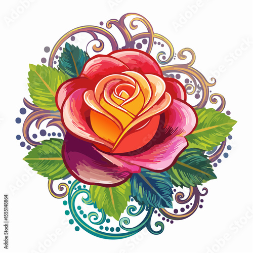 single rose blossom entwined with curling scroll foliage in delicate boutonnière style

