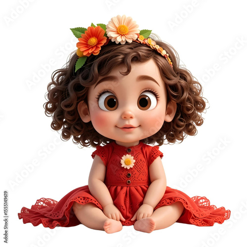 Cute Baby With Curly Hair And Big Brown Eyes, Wearing Red Dress With Floral Decorations, Sitting And Smiling Warmly.eps
