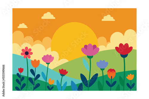 Vibrant Sunset Meadow Colorful Flowers and Rolling Hills Illustration