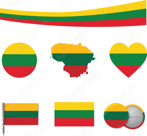 Lithuania Map with Ribbon and 5 Flag Styles – Heart, Circle, Badge, Wave, and Flat Icon Design