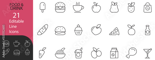 Food and Drink Line Editable Icons set. Modern vector illustrations in thin line style of nutrition items like fruits, veggies, desserts, meat, bakery, beverages, and more.
