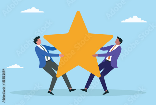 Vector illustration of two businessmen fighting over a star sign, symbolizing competition for positive customer reviews, reputation, and striving for top ratings in business
