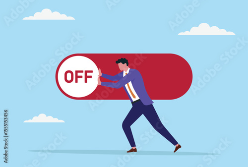 Vector illustration of a businessman trying to move a button switch from ON to OFF, symbolizing making tough decisions, pausing work, taking a break, or seeking balance in business
