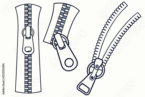 Collection of closed and open zipper icons with fasteners. Great for clothing, textile, and fashion-related designs. Flat vector illustrations for easy integration.