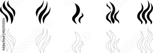 Aromas vaporize icon set trendy flat hand drawn line comic doodle. Smells vector, hot aroma air fragrance , stink or cooking steam symbols, smelling vapor, smoking or odors. cloud or wind silhouette.
