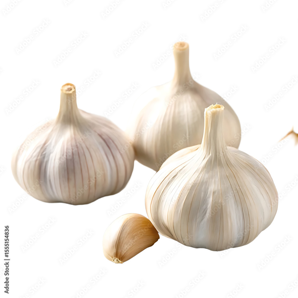 Obraz premium Fresh garlic bulbs and cloves with rosemary sprigs on a white marble surface
