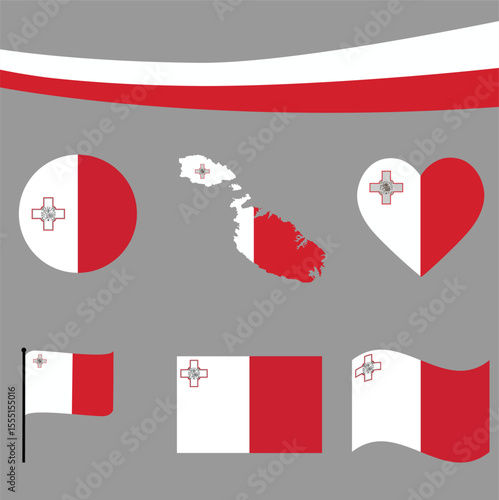 Malta Map with Ribbon and 5 Flag Styles – Heart, Circle, Badge, Wave, and Flat Icon Design
