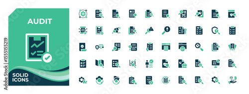 Audit colorful solid icon set. Contains such icons as document, finance, graph, research, assessment, inspect and more. Sign and Symbol. Research filled icon collection. Vector illustration.