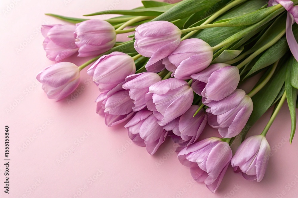 Obraz premium Bouquet of violet delicate tulips on pink background, Top view