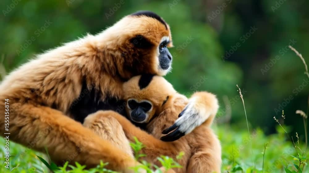 Heartwarming Moment: Affectionate Gibbon Mother Cuddling Her Adorable Baby in Lush Forest Heartwarming Moment: Affectionate Gibbon Mother Cuddling Her Adorable Baby in Lush Forest