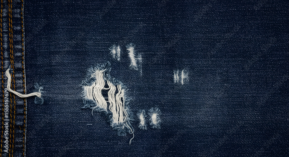 Εκτύπωση καμβά Distressed denim texture with visible threads and frayed edges, Close-up of ripp