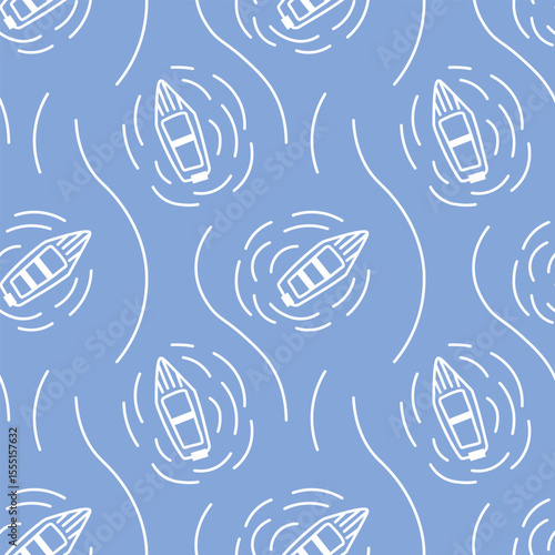 Nautical doodle seamless pattern with linear boats floating in river or lake. Abstract vector illustration on blue background.